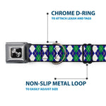 Dog Bone Black/Silver Seatbelt Buckle Collar - Argyle Navy/Green/White/Gold
