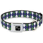 Dog Bone Black/Silver Seatbelt Buckle Collar - Argyle Navy/Green/White/Gold