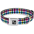 Load image into Gallery viewer, Colorful buffalo plaid dog collar with a seatbelt buckle and metal D-ring for leash attachment. Ideal for stylish pet safety.