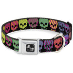 Dog Bone Seatbelt Buckle Collar - Checker & Stripe Skulls Black/Multi Neon