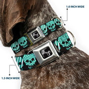 Dog Bone Seatbelt Buckle Collar - Checker & Stripe Skulls Black/White/Green