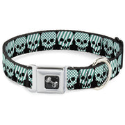 Dog Bone Seatbelt Buckle Collar - Checker & Stripe Skulls Black/White/Green