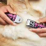 Dog Bone Seatbelt Buckle Collar - Checker & Stripe Skulls Black/White/Purple