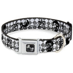 Dog Bone Seatbelt Buckle Collar - Diamonds White/Gray w/Skulls
