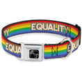 Load image into Gallery viewer, Dog Bone Black/Silver Seatbelt Buckle Collar - EQUALITY/Stripe Rainbow/White