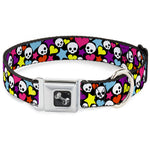 Dog Bone Seatbelt Buckle Collar - Funky Skulls Hearts & Stars Black/Multi Color