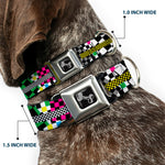 Dog Bone Seatbelt Buckle Collar - Funky Checkers Black/White/Neon