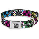 Dog Bone Seatbelt Buckle Collar - Funky Checkers Black/White/Neon