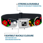 Dog Bone Seatbelt Buckle Collar - Floral Collage2 Black/Red/Orange/Green
