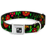 Dog Bone Seatbelt Buckle Collar - Floral Collage2 Black/Red/Orange/Green