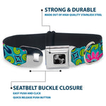 Dog Bone Seatbelt Buckle Collar - Floral Burst Turquoise/Blues/Pinks/Yellow/Green