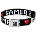Load image into Gallery viewer, Dog Bone Seatbelt Buckle Collar - GAMER 2/Heart 8-Bit Black/White/Red