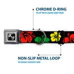 Dog Bone Seatbelt Buckle Collar - Hibiscus CLOSE-UP Black/Green/Yellow/Red
