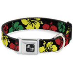 Dog Bone Seatbelt Buckle Collar - Hibiscus CLOSE-UP Black/Green/Yellow/Red
