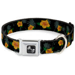 Dog Bone Seatbelt Buckle Collar - Hibiscus Flowers Black/Green/Orange