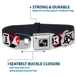 Dog Bone Seatbelt Buckle Collar - I Heart Punk Rock w/Safety Pins Black/Fuchsia/White