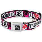 Dog Bone Seatbelt Buckle Collar - I Heart Punk Rock w/Safety Pins Black/Fuchsia/White