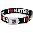 Load image into Gallery viewer, Dog Bone Seatbelt Buckle Collar - I "Heart" HATERS Black/White/Red