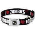 Load image into Gallery viewer, Dog Bone Seatbelt Buckle Collar - I "HEART" ZOMBIES Black/White/Red Splatter