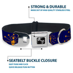 Dog Bone Black/Silver Seatbelt Buckle Collar - Indiana Flag/Torch CLOSE-UP Navy Blue/Gold