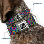 Dog Bone Seatbelt Buckle Collar - Jagged Rings Teals/Fuchsia/Yellow