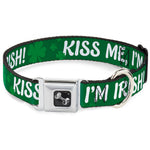 Dog Bone Seatbelt Buckle Collar - KISS ME, I'M IRISH! Clovers Green/White