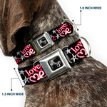 Dog Bone Seatbelt Buckle Collar - Love Me w/Sketch Stars & Checkers Black/Fuchsia/White