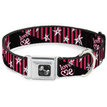 Dog Bone Seatbelt Buckle Collar - Love Me w/Sketch Stars & Stripes Black/Fuchsia/White