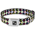Load image into Gallery viewer, Southlake Paws Dog Bone Seatbelt Buckle Collar features a black and white diamond pattern with colorful dog silhouettes.