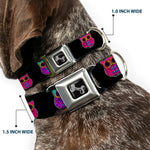 Dog Bone Seatbelt Buckle Collar - Owls Black/Fuchsia/Purple/Turquoise
