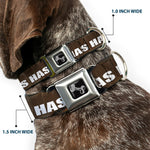 Buckle-Down Seatbelt Buckle Dog Collar - ONE OF US HAS HAIRY LEGS/Fur Tan/White