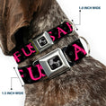 Load image into Gallery viewer, Buckle-Down Seatbelt Buckle Dog Collar - ONE OF US IS A BITCH Crown/Paws Black/Gray/Pink