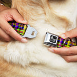 Dog Bone Seatbelt Buckle Collar - Plaid Black/Multi Neon