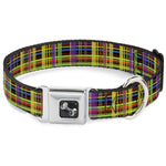 Dog Bone Seatbelt Buckle Collar - Plaid Black/Multi Neon