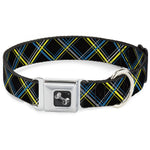Dog Bone Seatbelt Buckle Collar - Plaid Black/Yellow/Turquoise/Gray