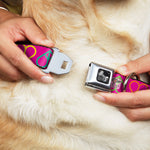Dog Bone Seatbelt Buckle Collar - Peace Hearts Repeat Fuchsia/Neon