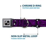 Dog Bone Seatbelt Buckle Collar - Paisley Stars Black/Purple/White