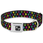 Dog Bone Seatbelt Buckle Collar - Paw Print Black/Multi Color