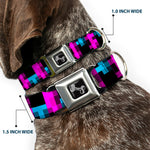 Dog Bone Seatbelt Buckle Collar - Pixilated Checker Black/Fuchsia/Turquoise