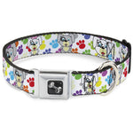 Dog Bone Seatbelt Buckle Collar - Puppies w/Paw Prints White/Multi Color