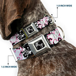 Dog Bone Black/Silver Seatbelt Buckle Collar - Punk Heart & Cross Bones w/Skulls & Splatter Black/White