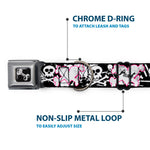 Dog Bone Black/Silver Seatbelt Buckle Collar - Punk Heart & Cross Bones w/Skulls & Splatter Black/White