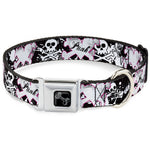 Dog Bone Black/Silver Seatbelt Buckle Collar - Punk Heart & Cross Bones w/Skulls & Splatter Black/White