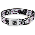 Dog Bone Seatbelt Buckle Collar - Punk Princess Heart & Cross Bones w/Skulls & Splatter Black/White
