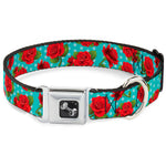 Dog Bone Seatbelt Buckle Collar - Red Roses/Polka Dots Turquoise