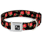 Dog Bone Seatbelt Buckle Collar - Red Roses Scattered Black