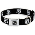 Load image into Gallery viewer, Dog Bone Seatbelt Buckle Collar - ROUTE 66 Highway Sign Repeat Black/White