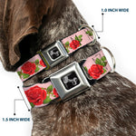 Dog Bone Seatbelt Buckle Collar - Rose Trio/Leaves Pink