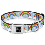 Dog Bone Black/Silver Seatbelt Buckle Collar - Rainbows & Stars Light Blue/Yellow/Rainbow