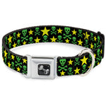 Dog Bone Seatbelt Buckle Collar - Skulls & Stars Black/Green/Yellow